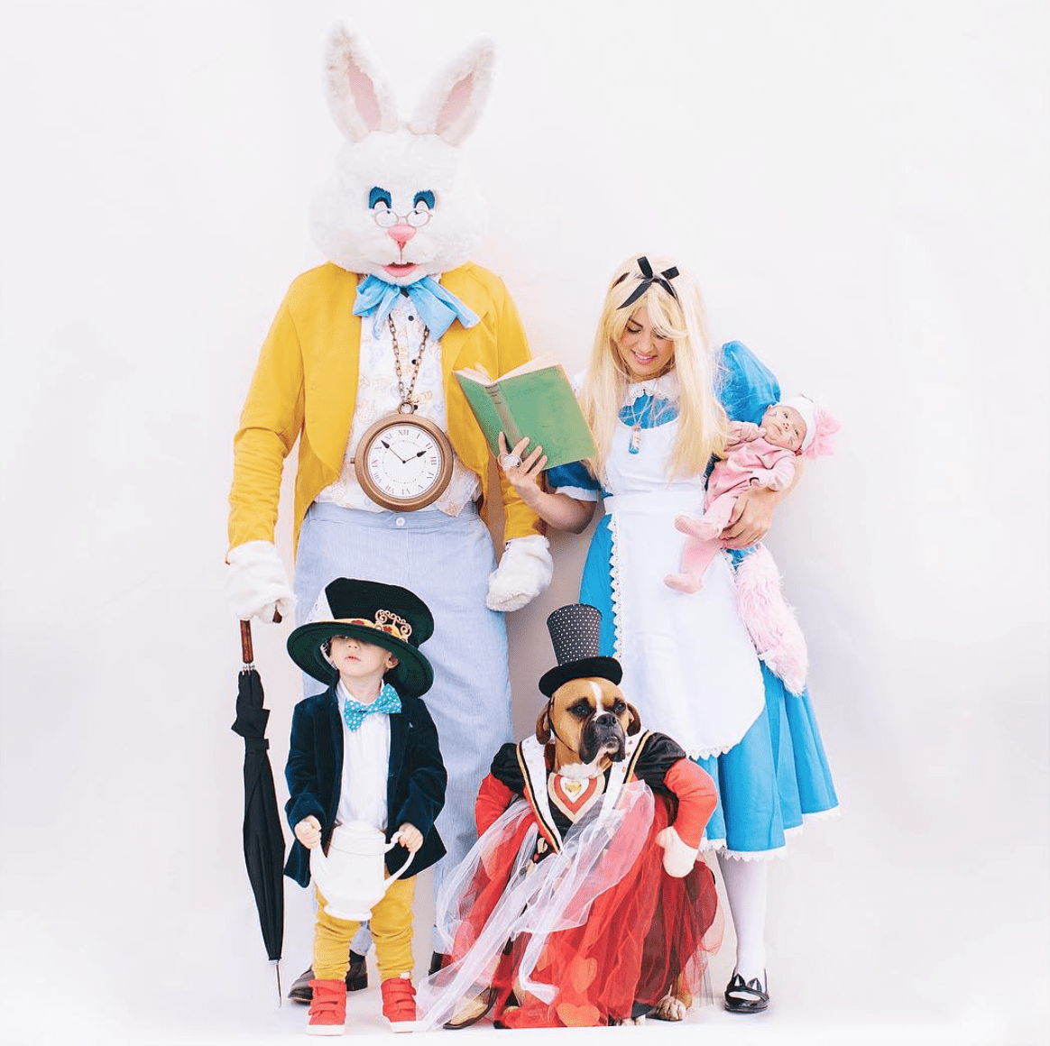 Family dressed up as the characters from Alice in Wonderland for Halloween.