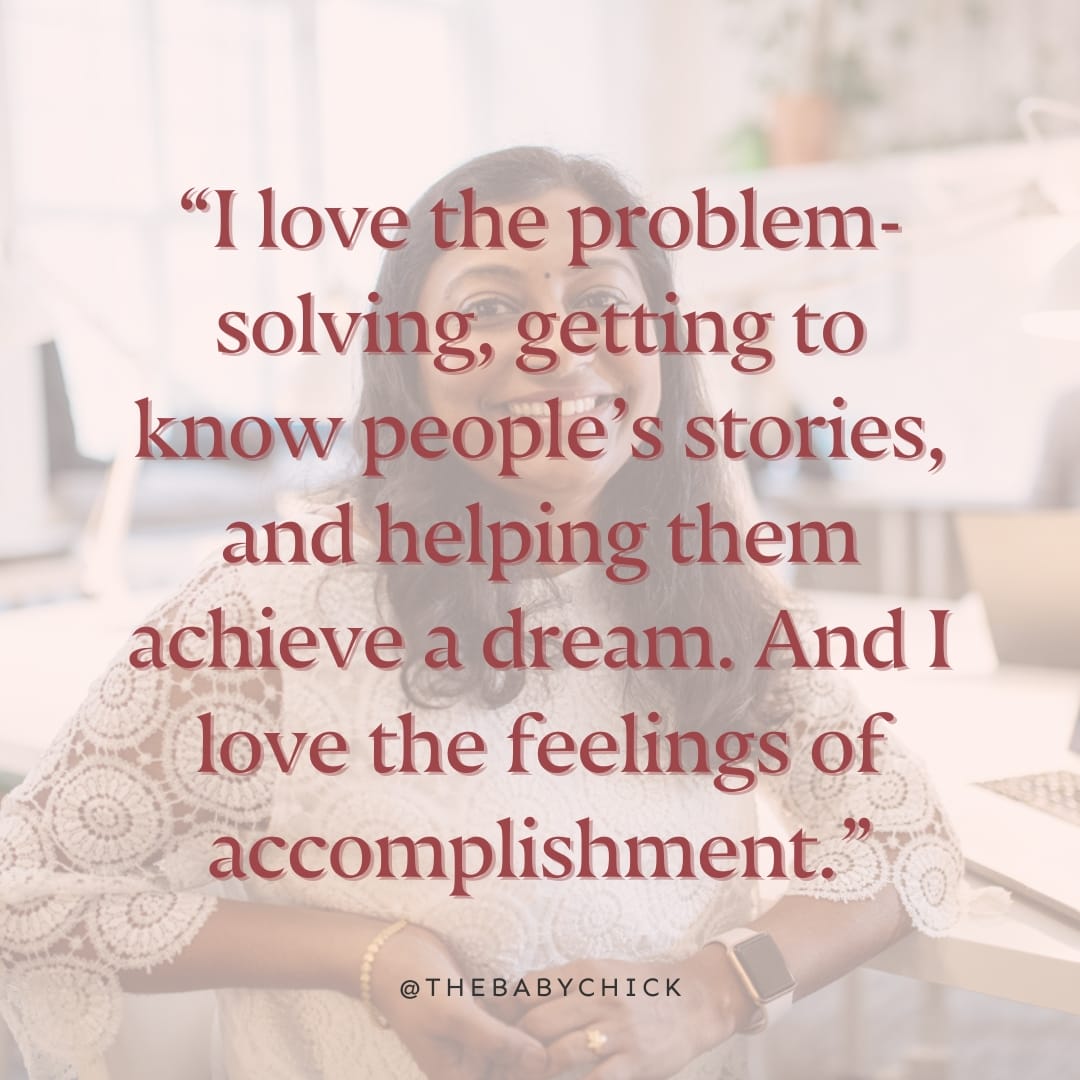 Indian woman sitting at her desk turning around and smiling at the camera. Quote overlay.