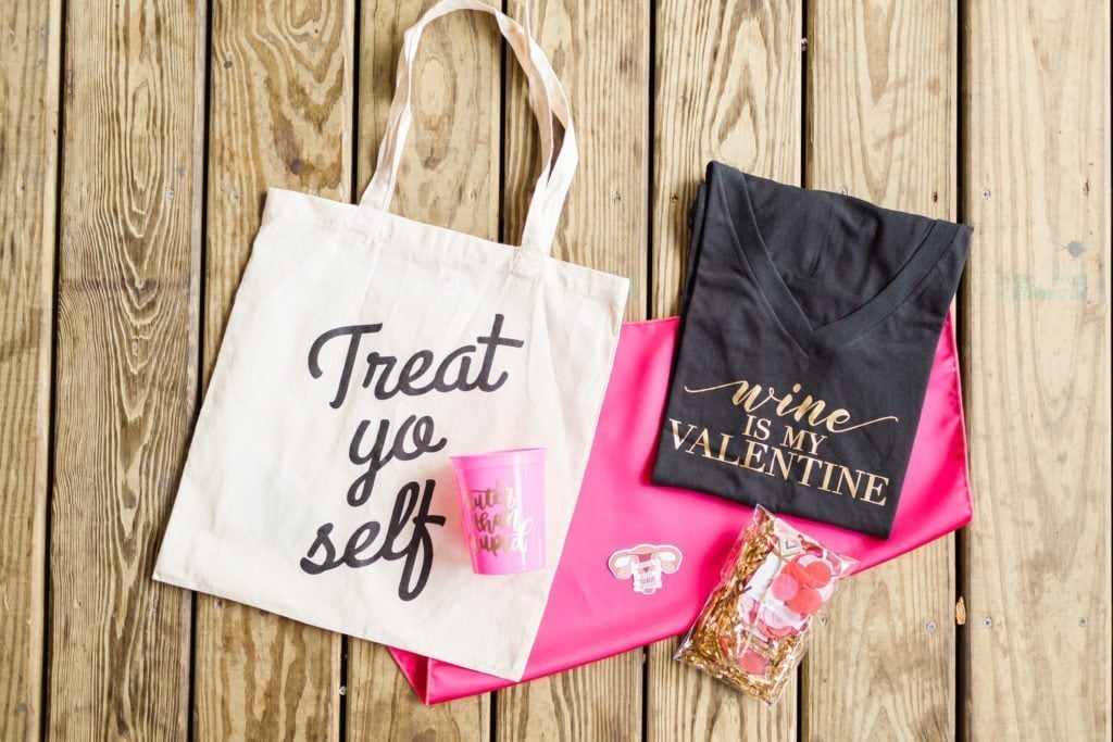 Galentine's brunch, swag bag, treat yo self, valentine's day with your girl friends, baby chick