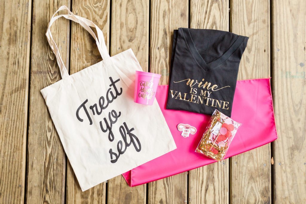 Galentine's brunch, swag bags, treat yo self, valentine's day with your girl friends, baby chick