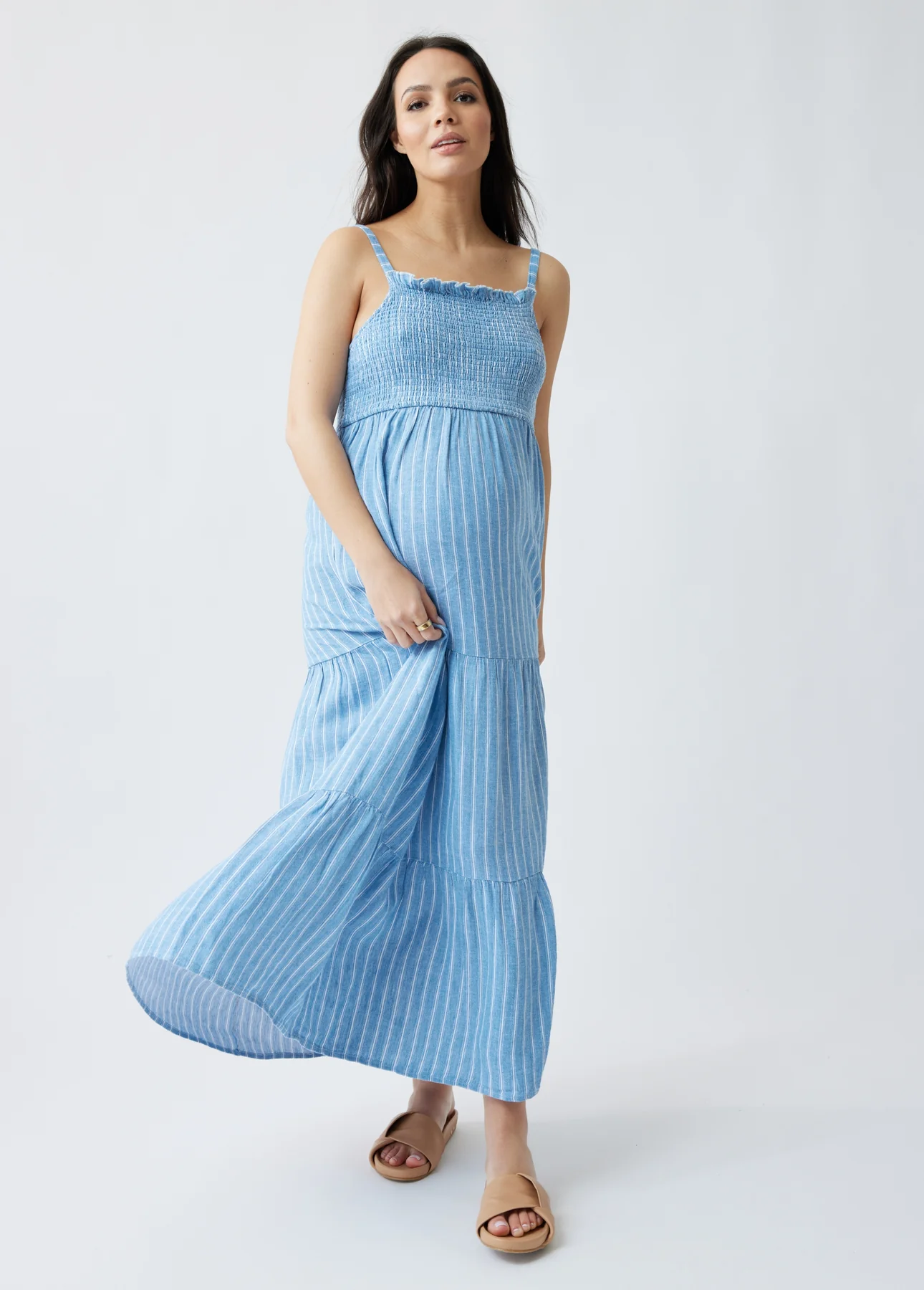 INGRID+ISABEL SMOCKED MATERNITY MAXI DRESS in blue and white striped