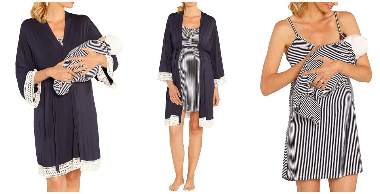Maternity robe, nursing gown, and baby blanket set