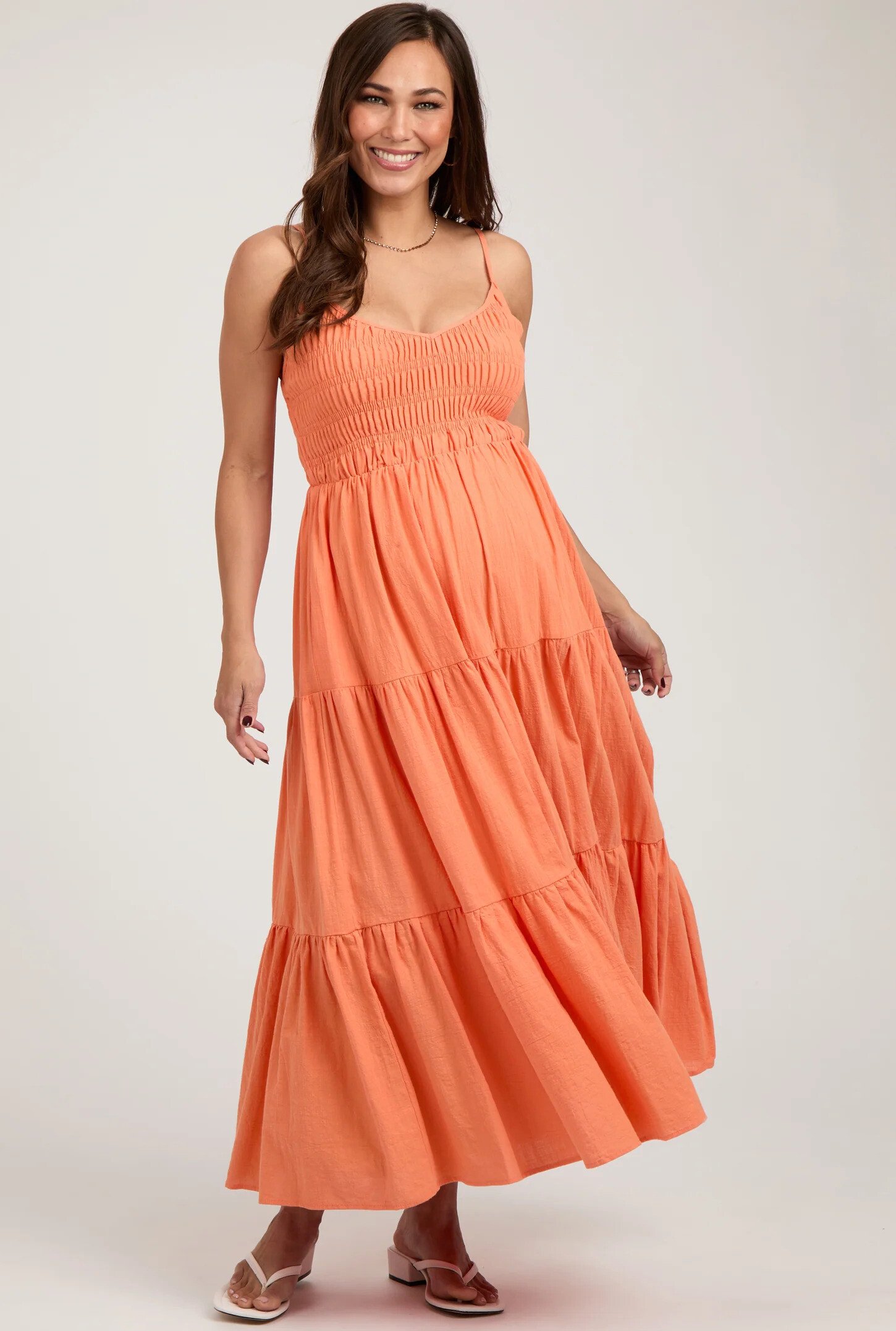 Orange V-Neck Sleeveless Tiered Maternity Midi Dress