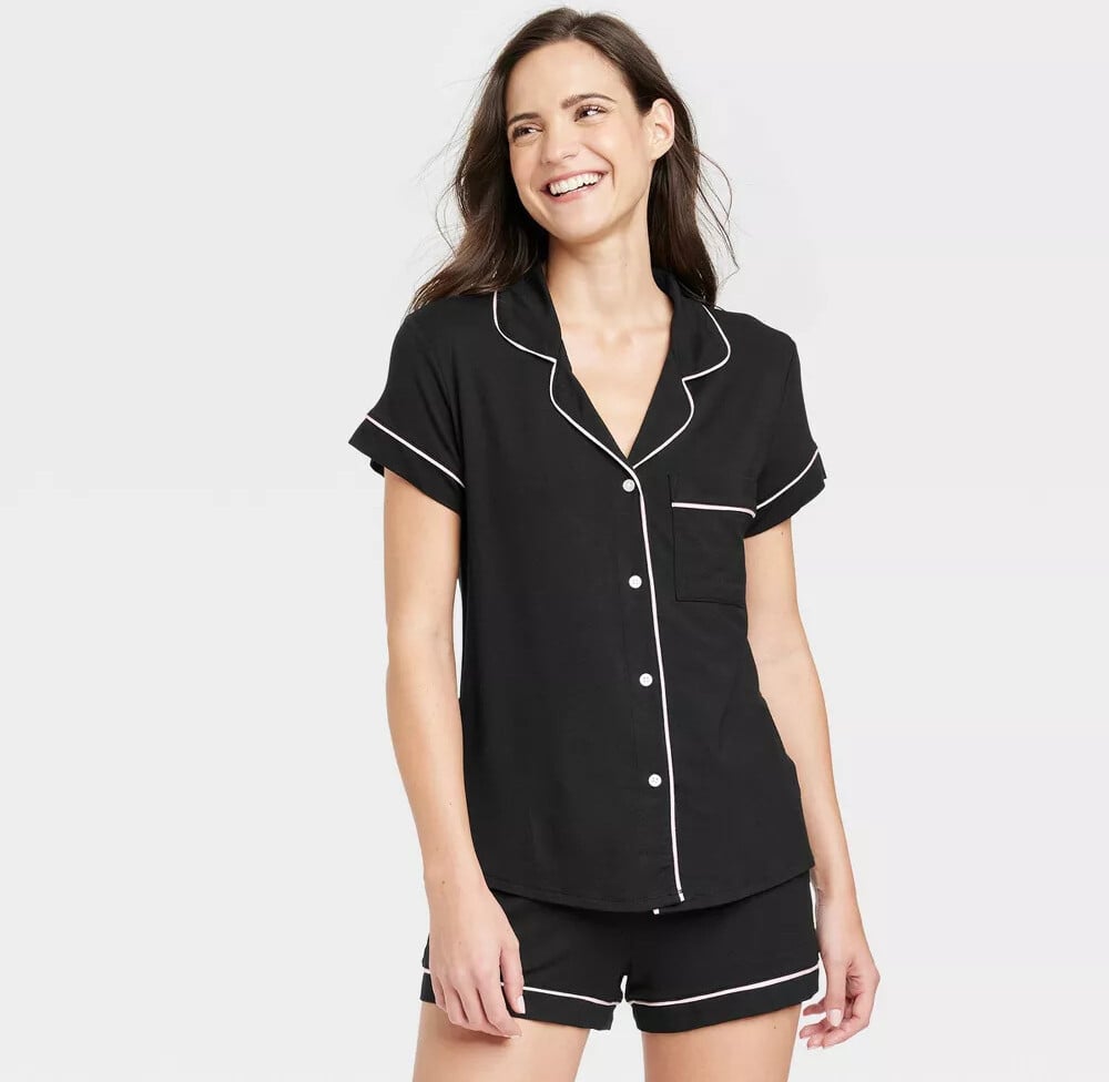 Women's Soft Short Sleeve Top and Shorts Pajama Set in Black
