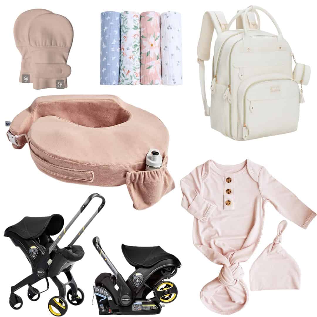 Collage of baby essentials for your birth center bag: a nude nursing pillow, four patterned swaddle blankets, cream diaper backpack, nude baby outfit with hat and wooden buttons, two infant car seat strollers. All items feature a soft, pastel color theme.