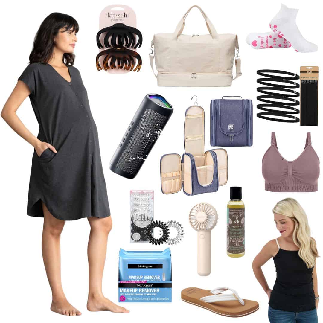 A birth center bag collection includes a pregnant woman in a gray dress, a duffel bag, black leggings, a bra, socks, a travel toiletry case, Bluetooth speaker, hair accessories, cleansing wipes, handheld fan, sandals, body oil, and a woman in a black tank top.