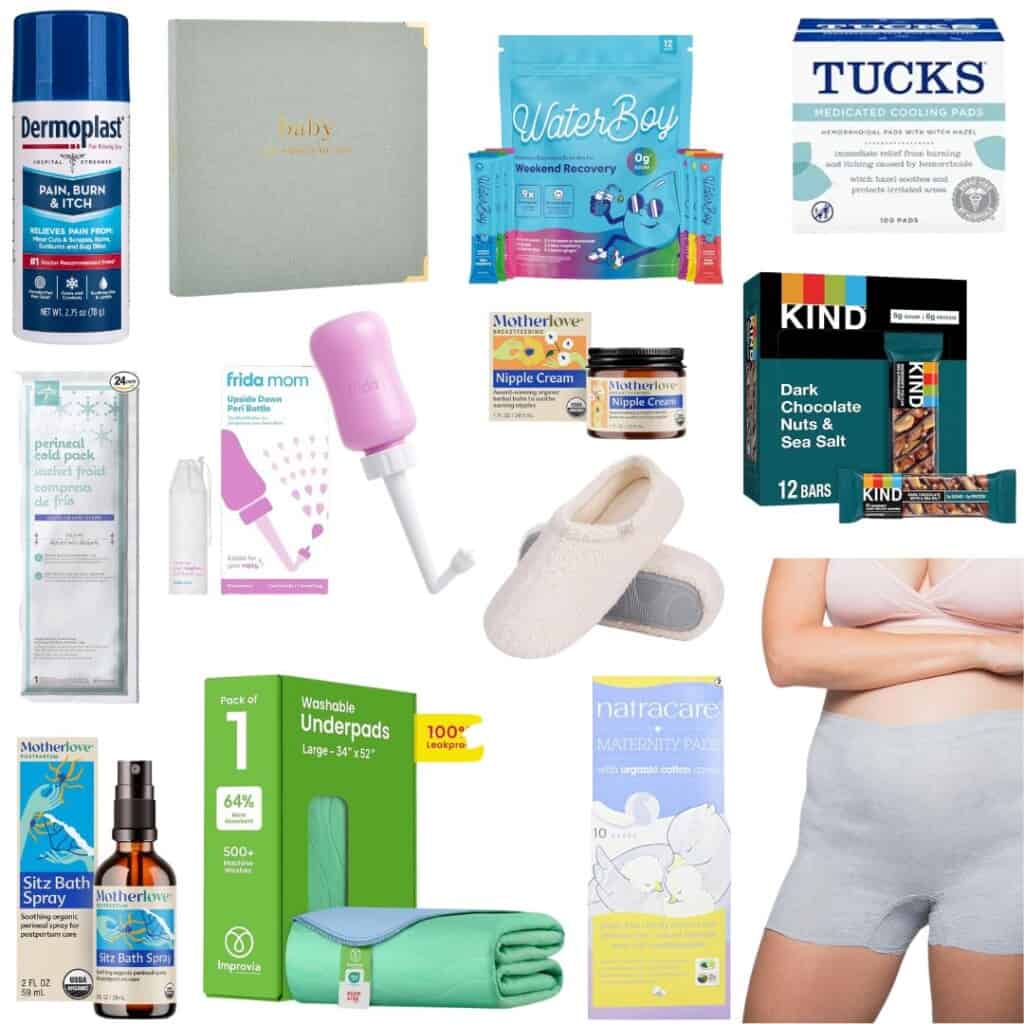 A collection of postpartum care products perfect for your birth center bag, including cooling pads, sprays, creams, underpads, bath oil, water packets, nipple cream, a peri bottle, maternity pads, slippers, chocolates, and mesh underwear.