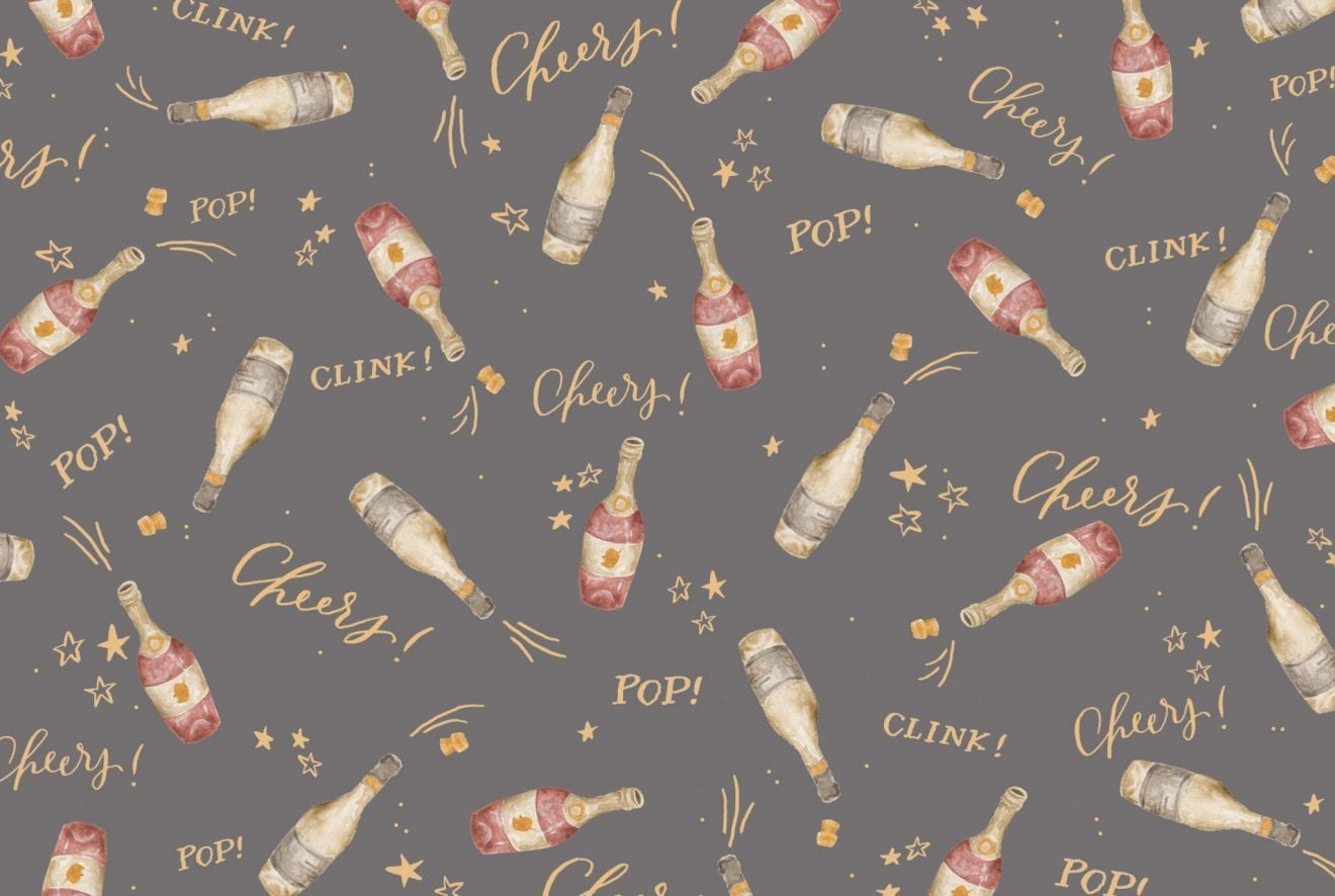 desktop wallpaper, download, new year, cheers, pop, fizz, clink, champagne, baby chick, half moon lettering