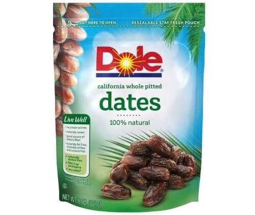 A resealable pouch of Dole California whole pitted dates is displayed. The blue and green packaging features an image of dates, emphasizing 100% natural and Live Well. With a net weight of 8 oz (227g), its perfect to prepare your body for labor and birth naturally.