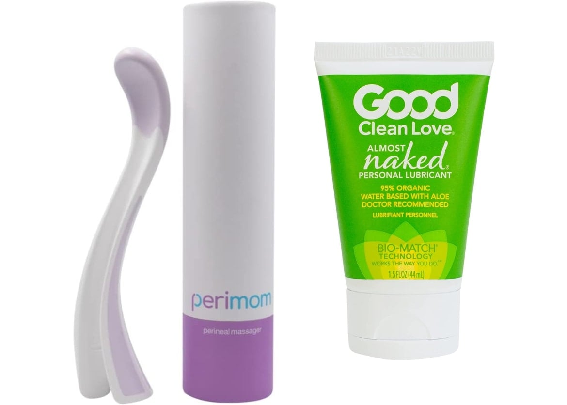 Perimom perineum massager and lube collage