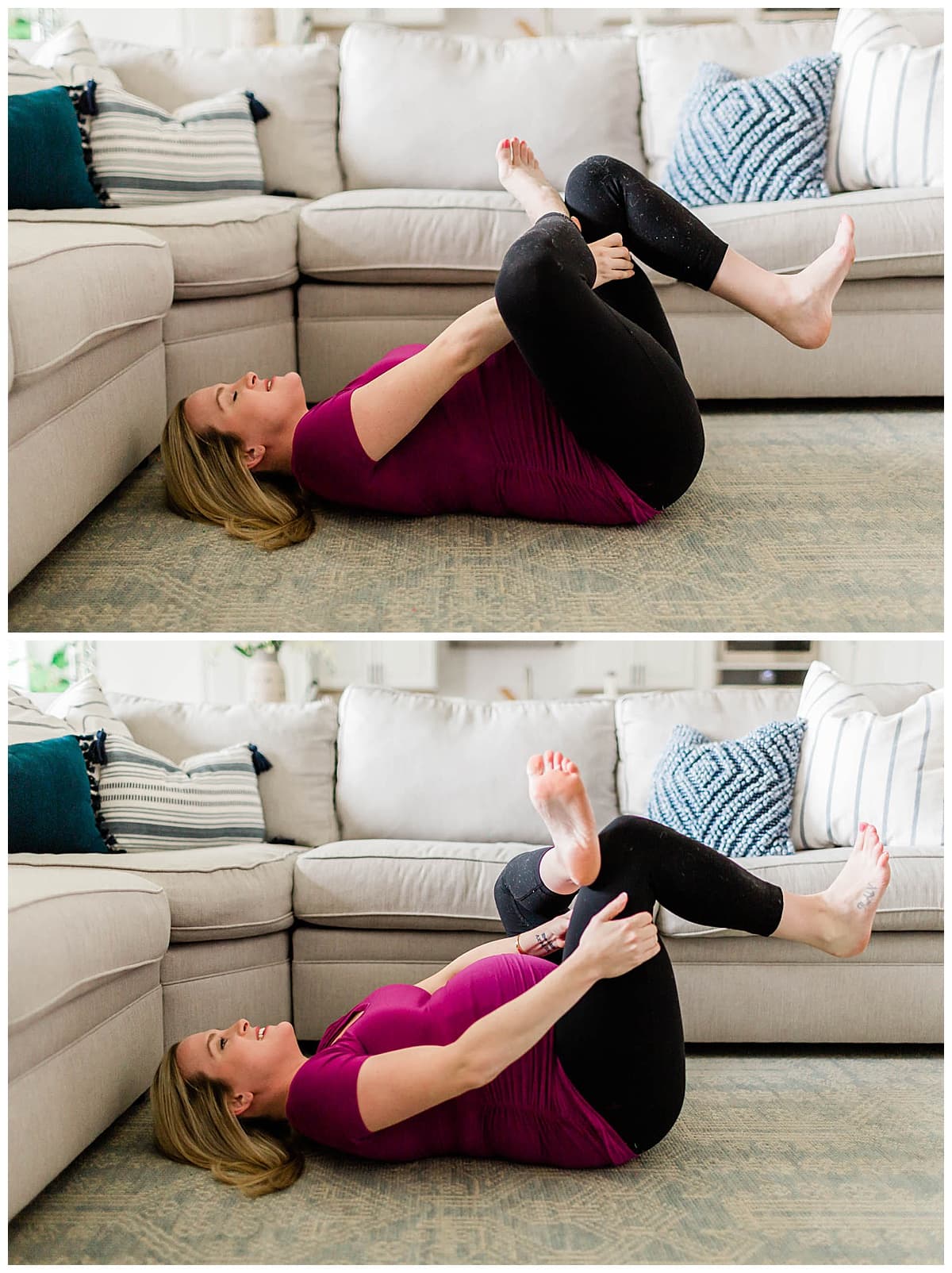 A pregnant woman doing the Figure 4 stretch.
