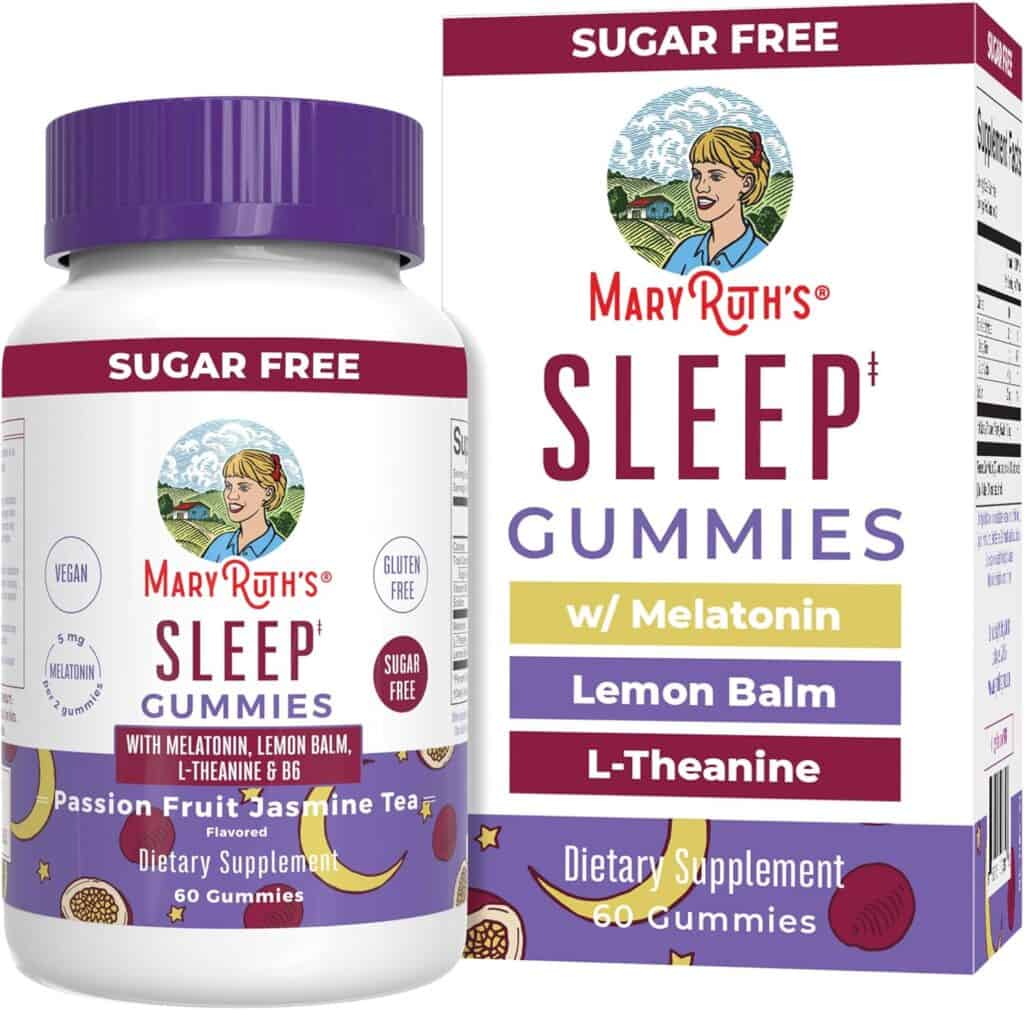 A bottle and box of MaryRuths Sleep Gummies stand out with Sugar Free and Vegan labels. Packed with melatonin, lemon balm, L-theanine, and vitamin B6, these passion fruit jasmine tea-flavored gummies are perfect for your hospital bag items during labor induction. The bottle holds 60 gummies.