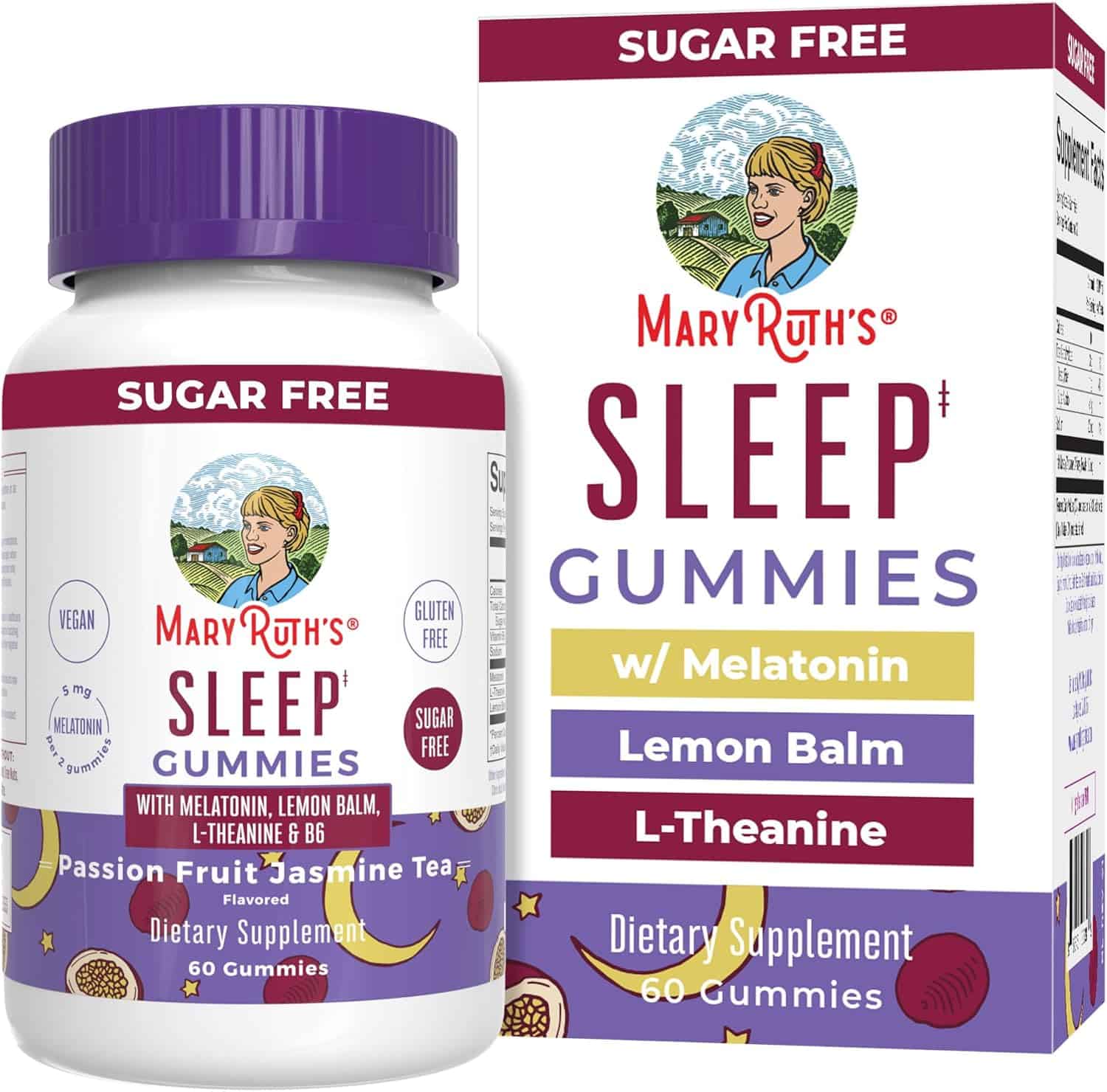 A bottle and box of MaryRuths Sleep Gummies stand out with Sugar Free and Vegan labels. Packed with melatonin, lemon balm, L-theanine, and vitamin B6, these passion fruit jasmine tea-flavored gummies are perfect for your hospital bag items during labor induction. The bottle holds 60 gummies.