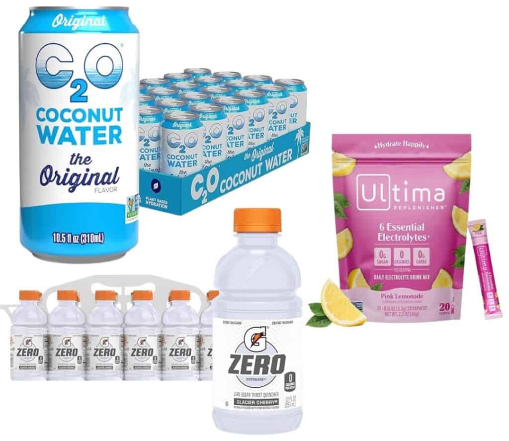 An assortment of beverages perfect for your hospital bag items includes a large can of CO2 coconut water, a pack of CO2 coconut water cans, a six-pack of Zero sports drinks, a single Zero sports drink, and a packet of Ultima Replenisher electrolyte mix in pink lemonade flavor. Ideal for labor induction hydration.