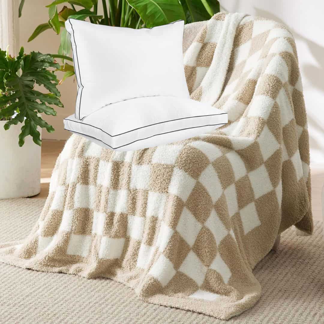 A beige and white checkered blanket is draped over a chair, topped with a hospital-bag-ready white pillow. In the background, a green plant sits gracefully on a beige carpet.