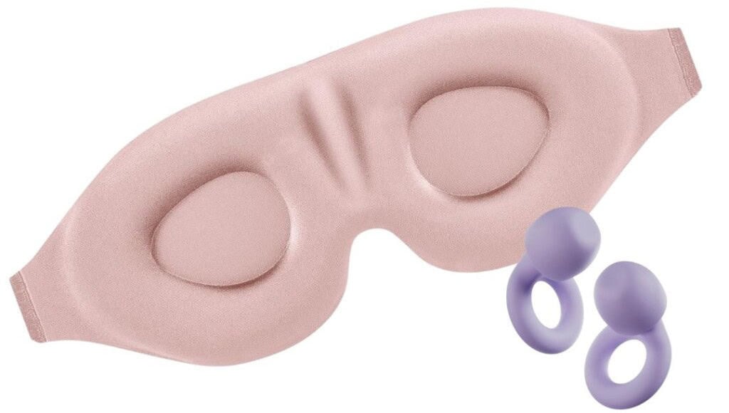 A beige padded sleep mask with two raised eye sections is paired with a set of purple earplugs featuring looped grips—essential comfort items for your labor induction hospital bag.