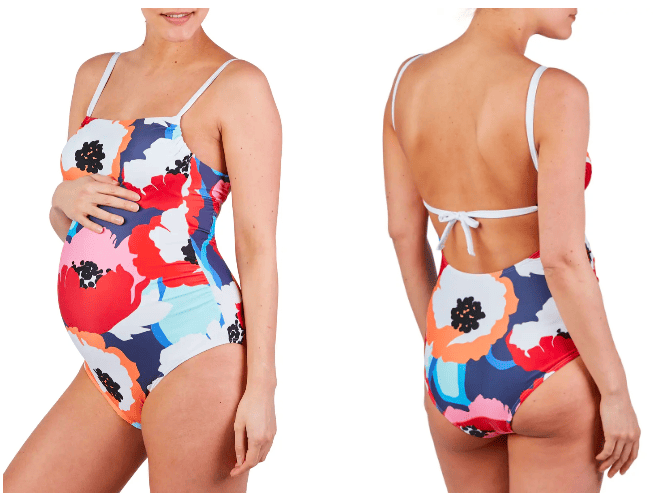 Woman in one-piece floral bathing suit 