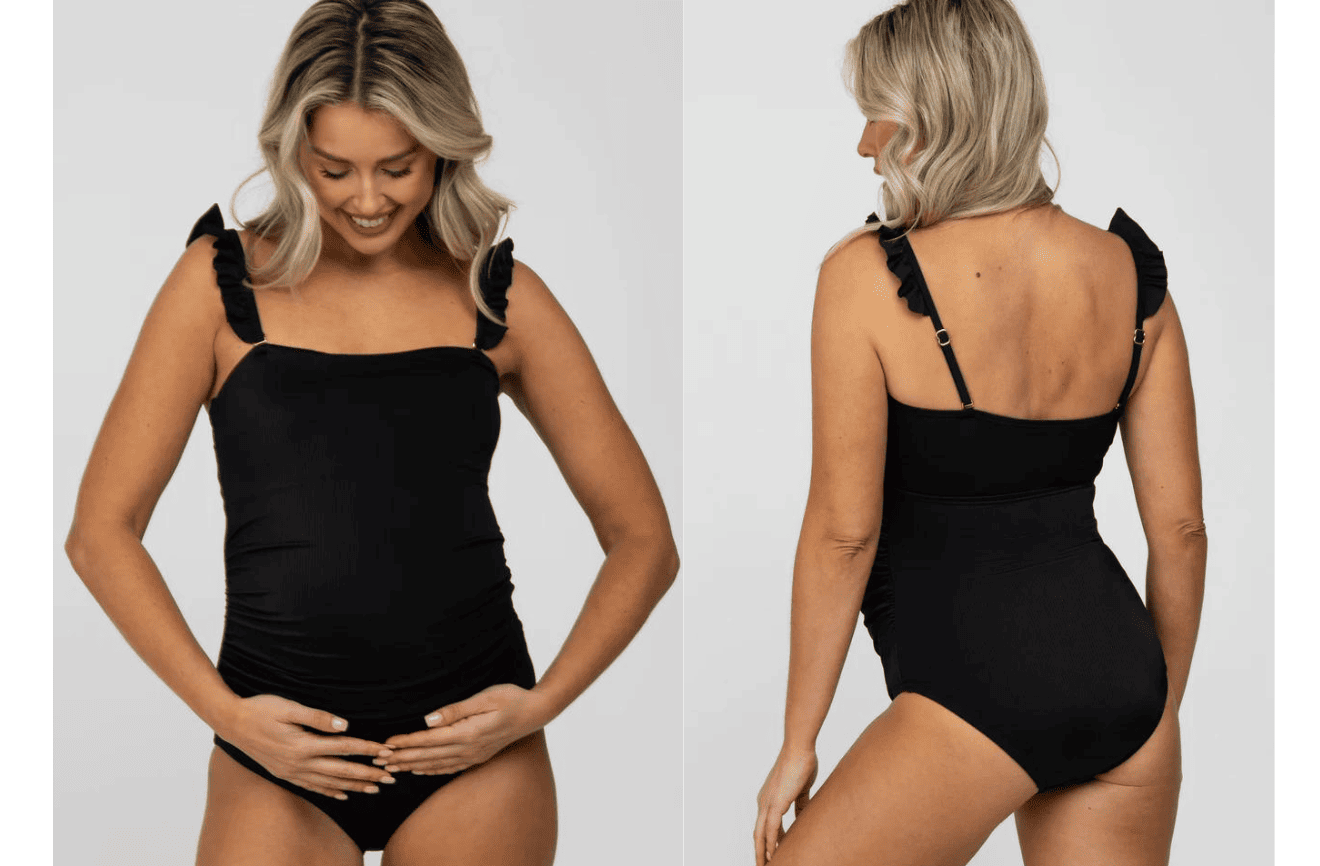 Woman in black one-piece bathing suit with ruffle straps 