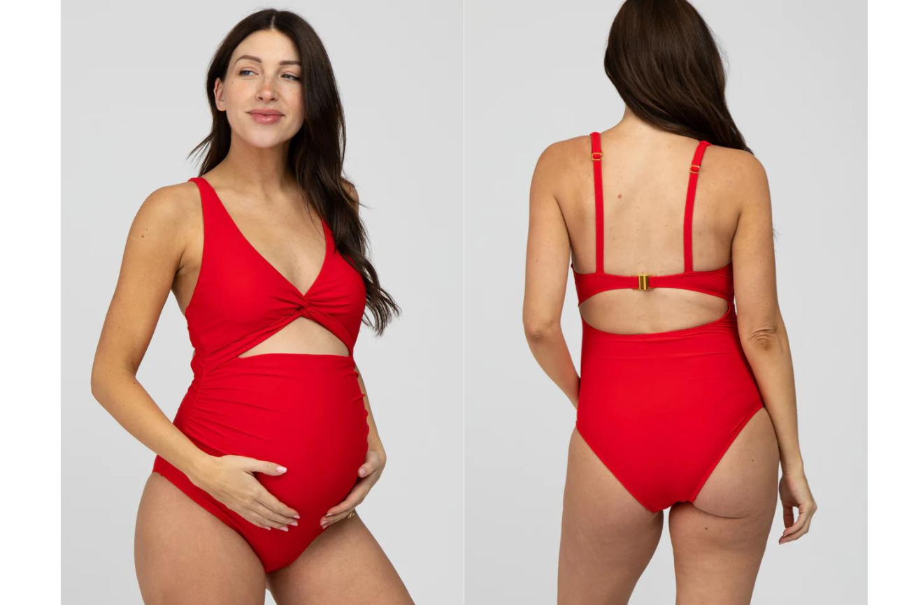 Woman in red v-neck one-piece bathing suit 