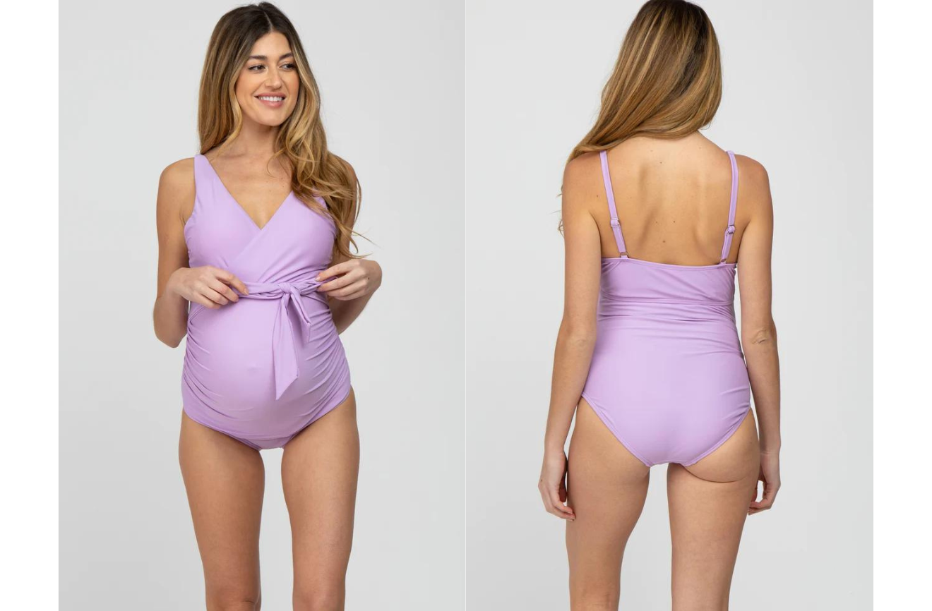 Woman in Purple one-piece bathing suit with tie waist