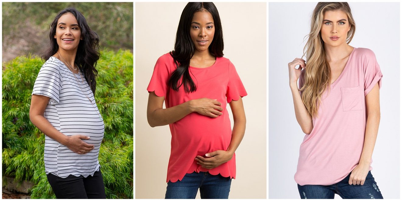 Three women wearing maternity clothes