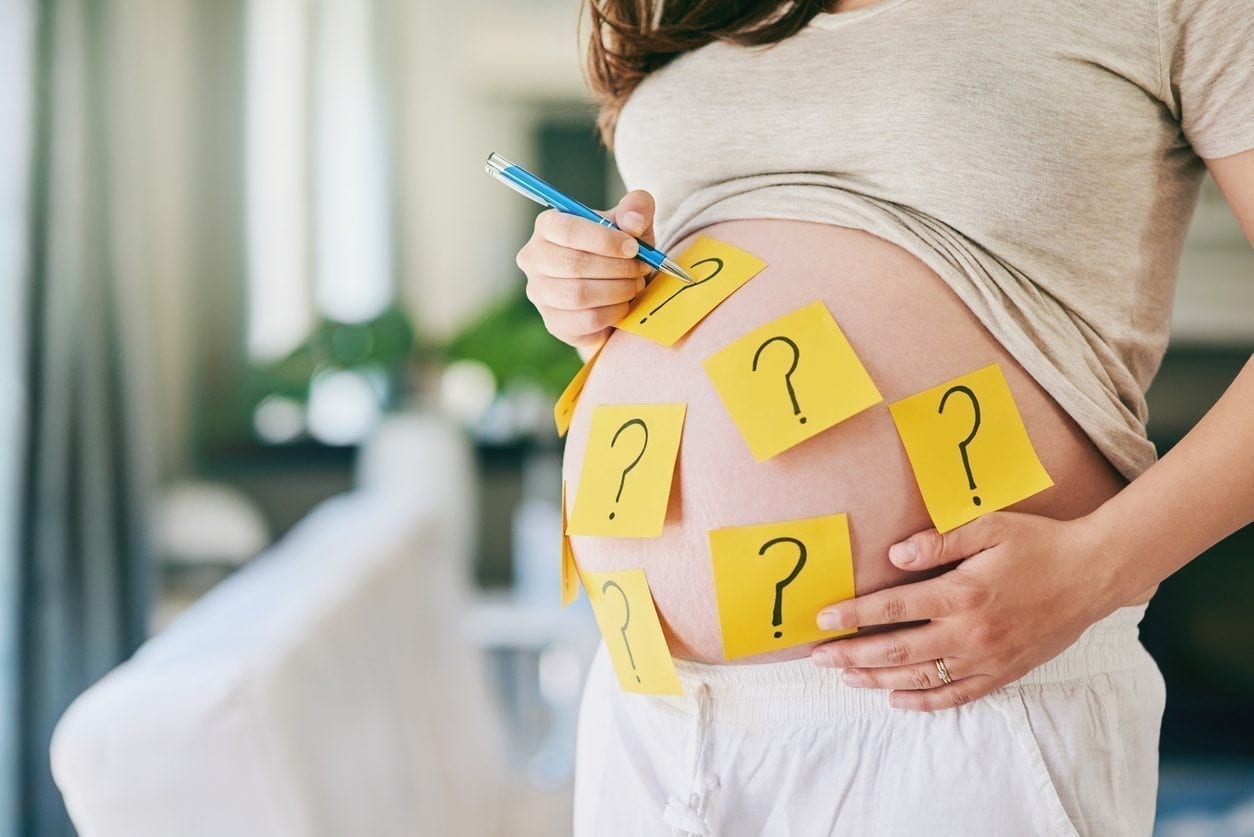 Pregnant Woman with yellow sticky notes with question marks stuck to her pregnant belly.