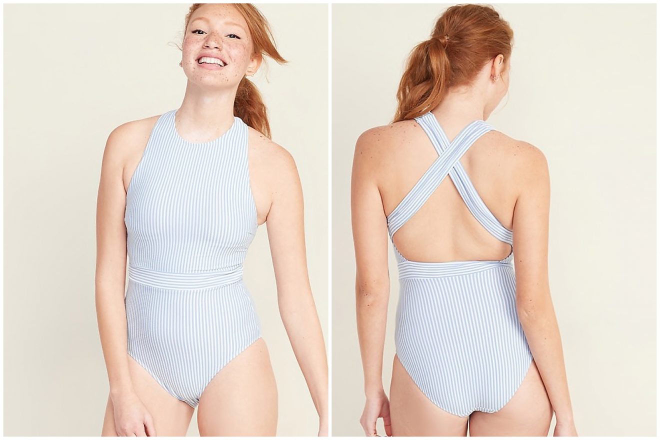High-Neck Seersucker-Stripe One-Piece Swimsuit for Women from Old Navy