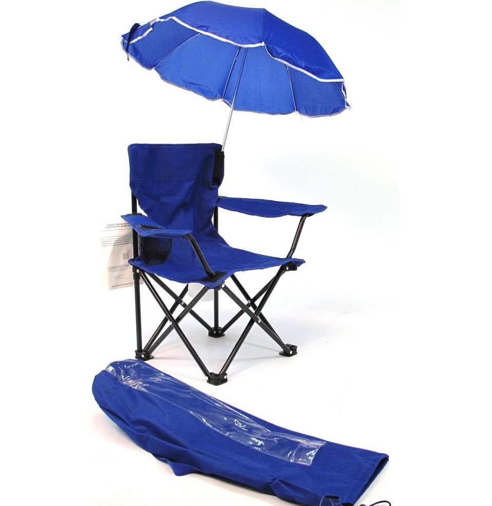 Blue beach chair with umbrella and carry bag