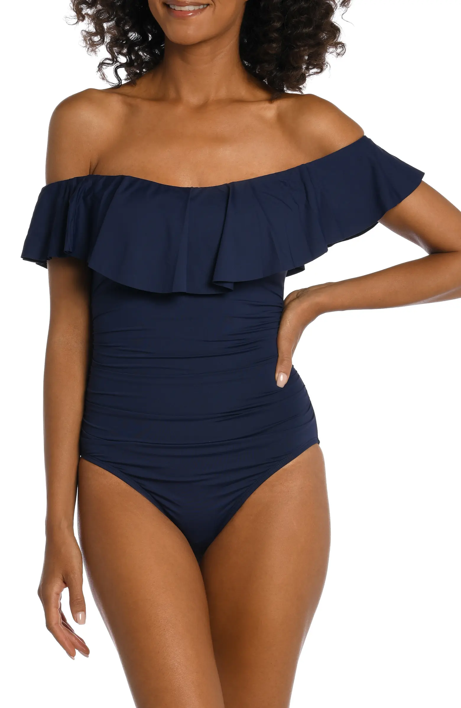 Navy off-the-shoulder ruffle one-piece swimsuit 