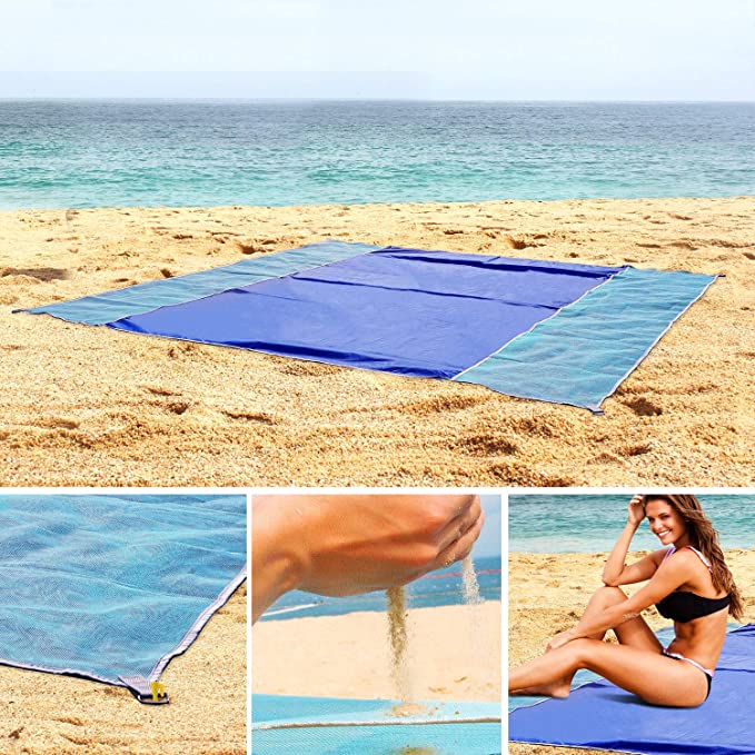 KUYOU Sand Proof Beach Blanket, Extra Large Beach Mat 82”79” Sand Free Water Resistant Beach Mat Includes 4 Stake, Ultra Portable for Beach, Picnic, Camping