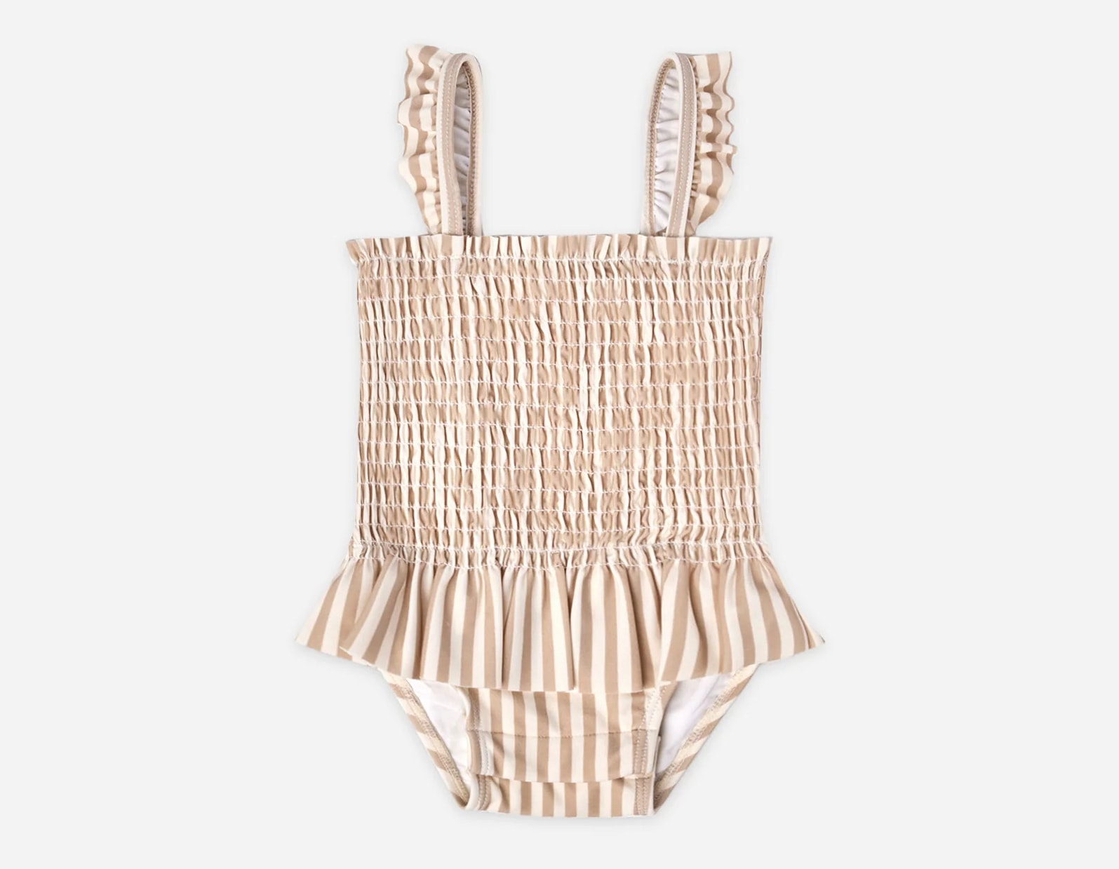 Tan and white stripe ruffle one-piece swimsuits for girls 
