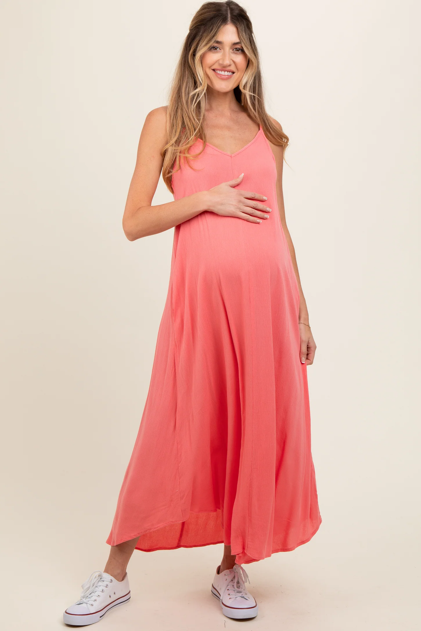 Coral Lightweight Sleeveless V-Neck Maternity Maxi Dress