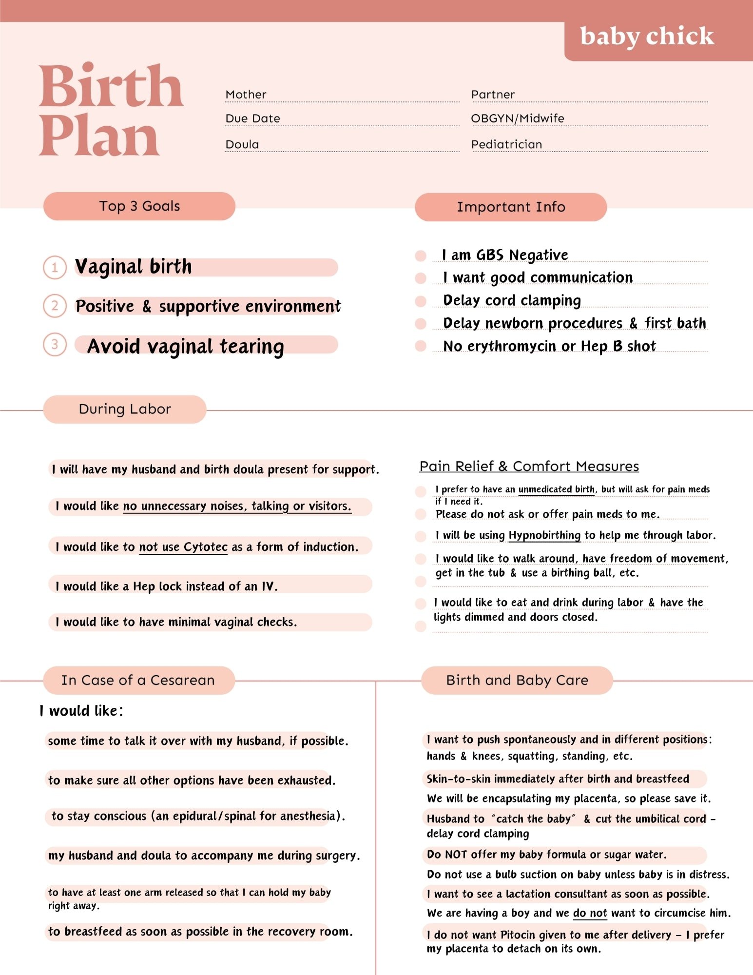 Birth plan example Unmedicated Birth #2