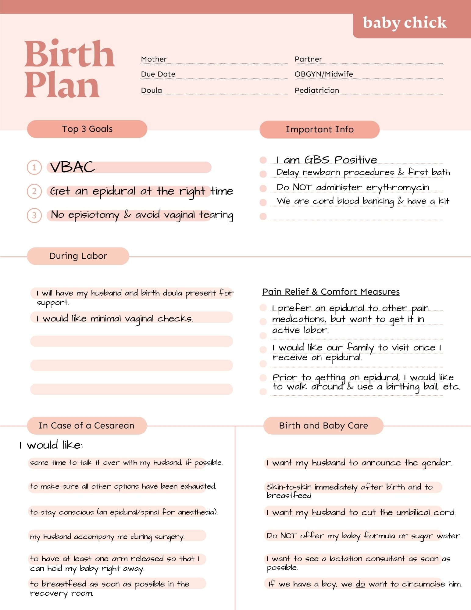 Birth plan example VBAC With Epidural