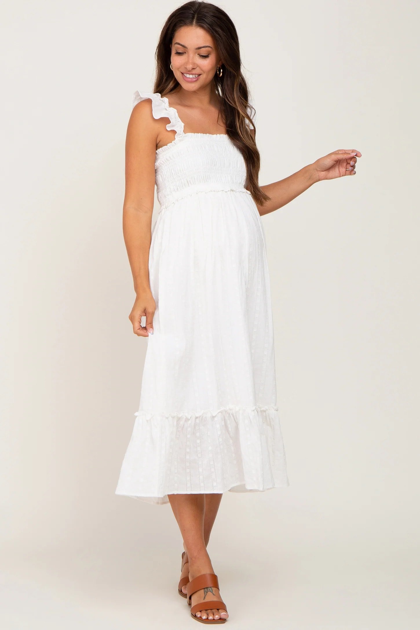 White Smocked Textured Maternity Midi Dress