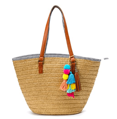 straw beach bag with pom poms