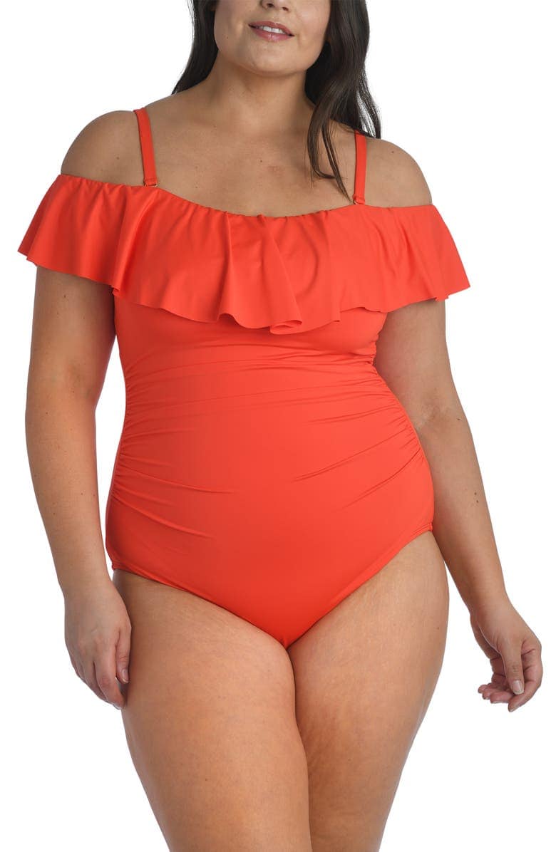 Red ruffle off the shoulder one piece swimsuit