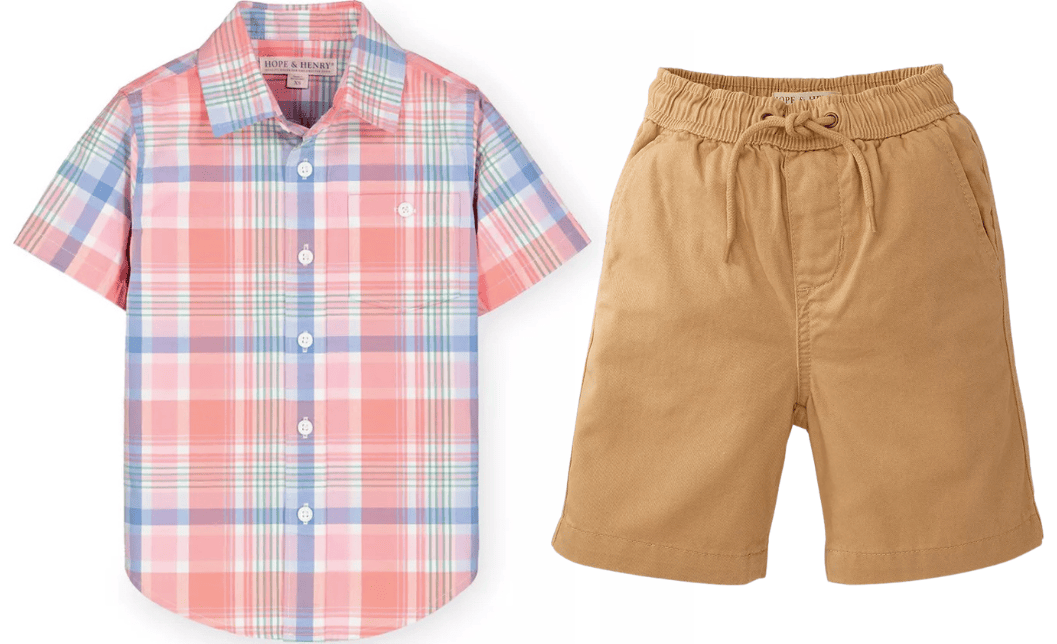 Boys plaid button-down shirt and khaki shorts 