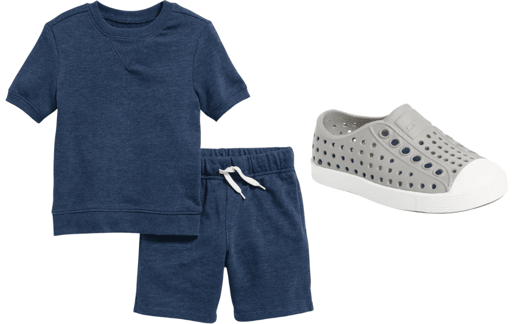 Blue matching sweatsuit with grey slip on shoes