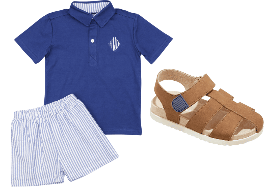 Blue shorts and polo set with brown sandals