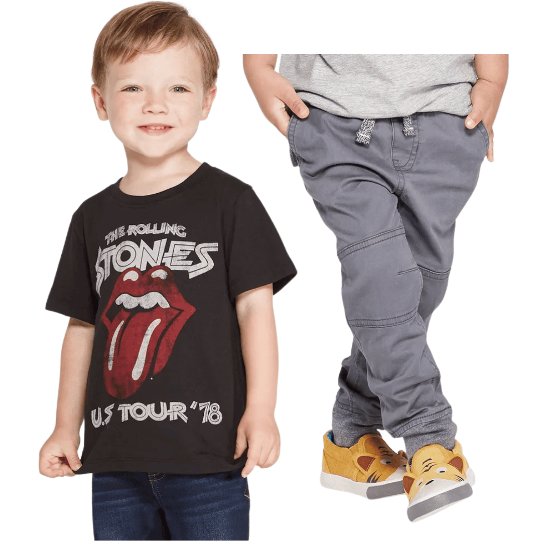Boy in black Rolling Stones tee and grey pants 