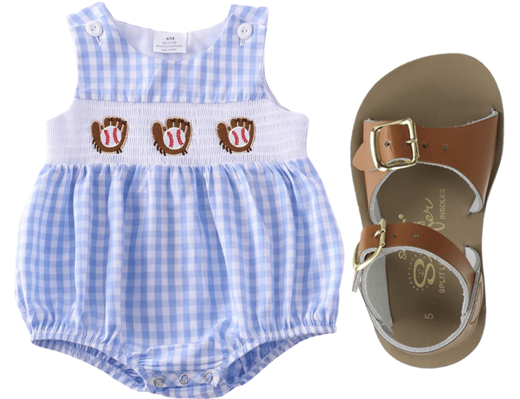 Blue and white plaid bubble with embroidered baseball bats and brown sandals 