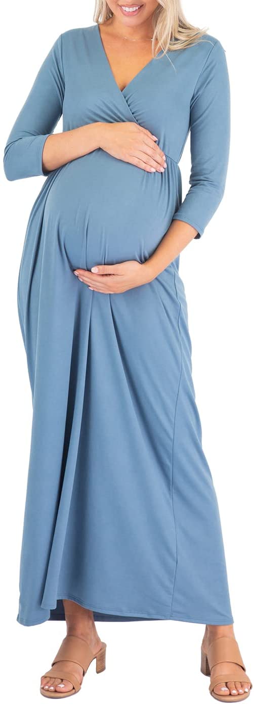 Mother Bee Maternity V-Neck 3/4 Sleeve Ruched Waist Dress
