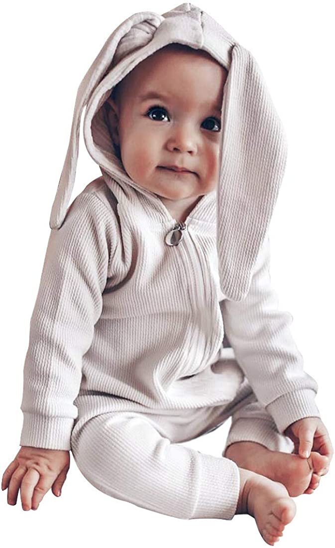 Baby in bunny zip-up pajamas 