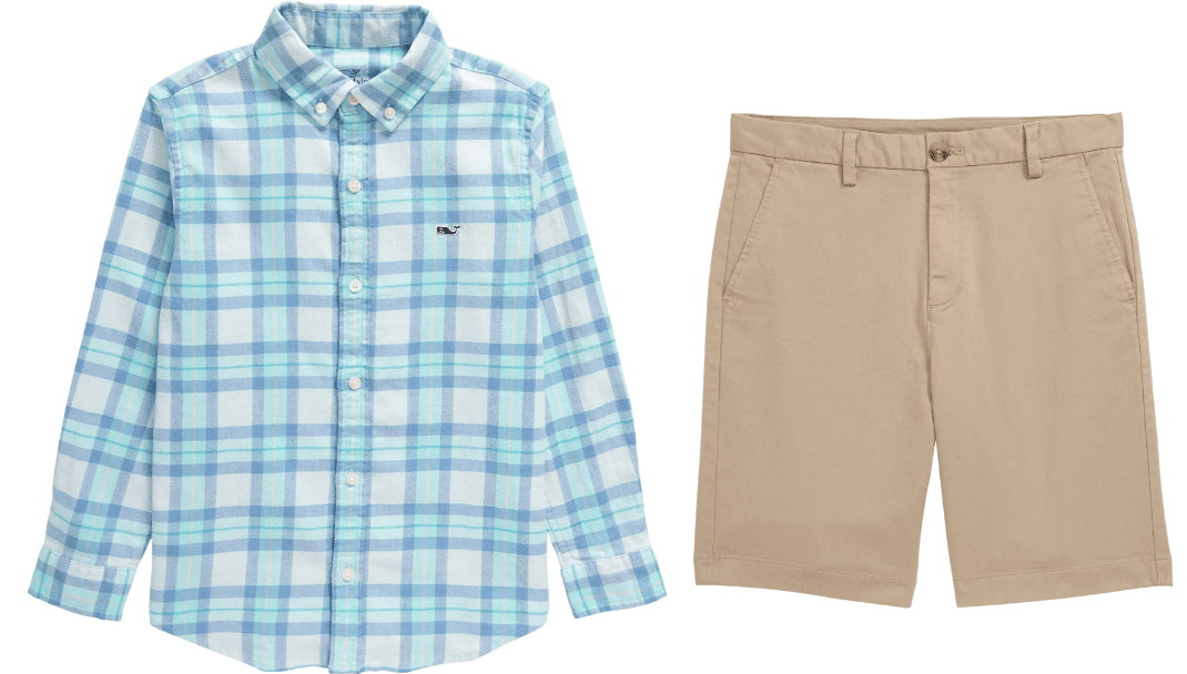 Blue plaid button-down shirt and khaki shorts