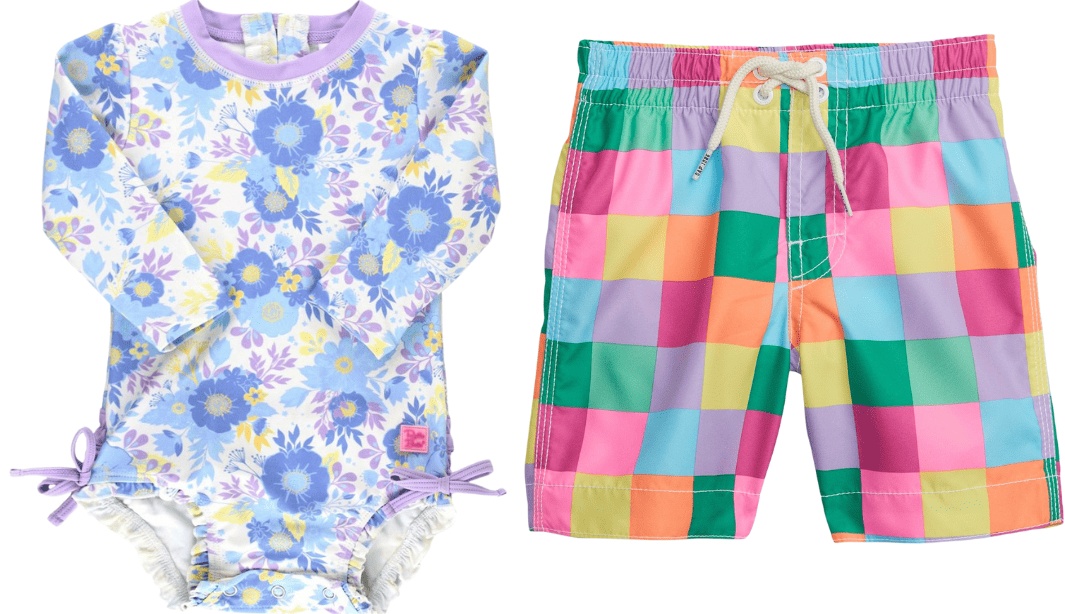 Girls floral swim one-piece and boys rainbow checkered swim trunks 