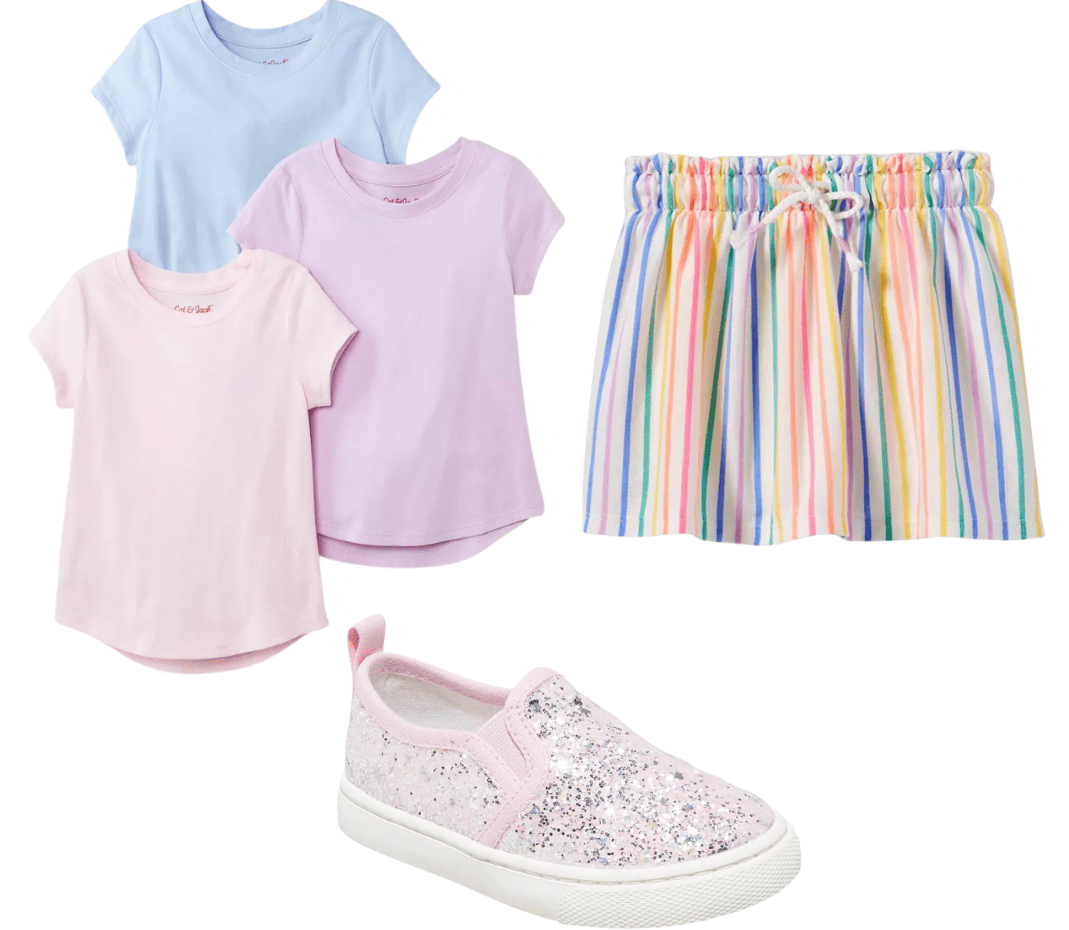 Pink, blue, and purple shirts with a rainbow skort and pink shoes 
