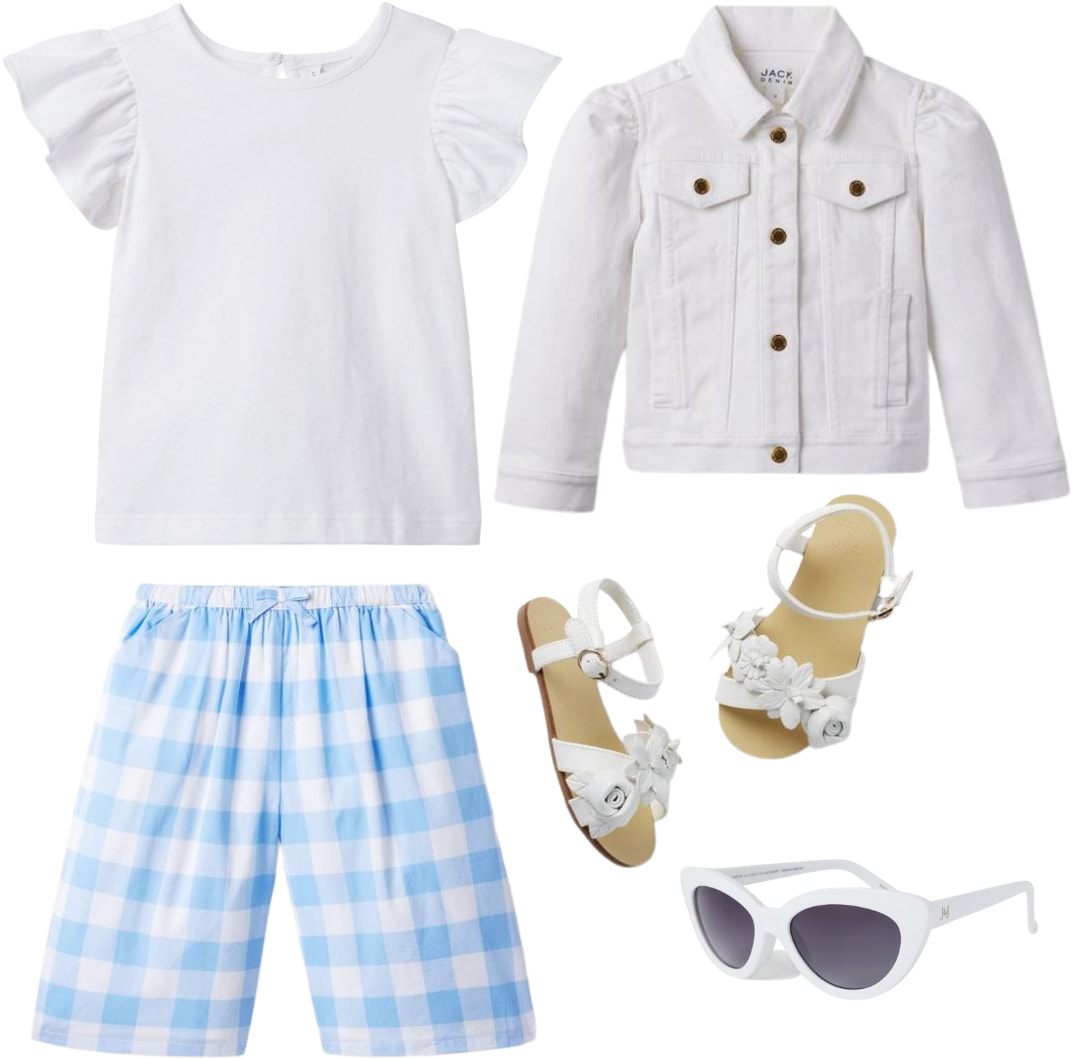 White shirt, white denim jacket, blue gingham pants, white sandals and white sunglasses 