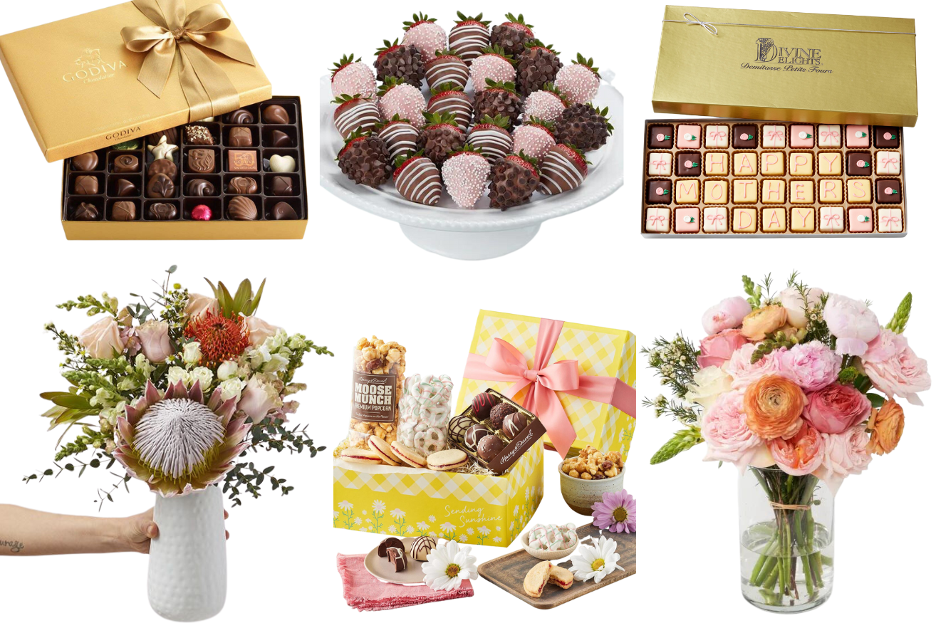 Collage of Mother's Day chocolates and flowers 