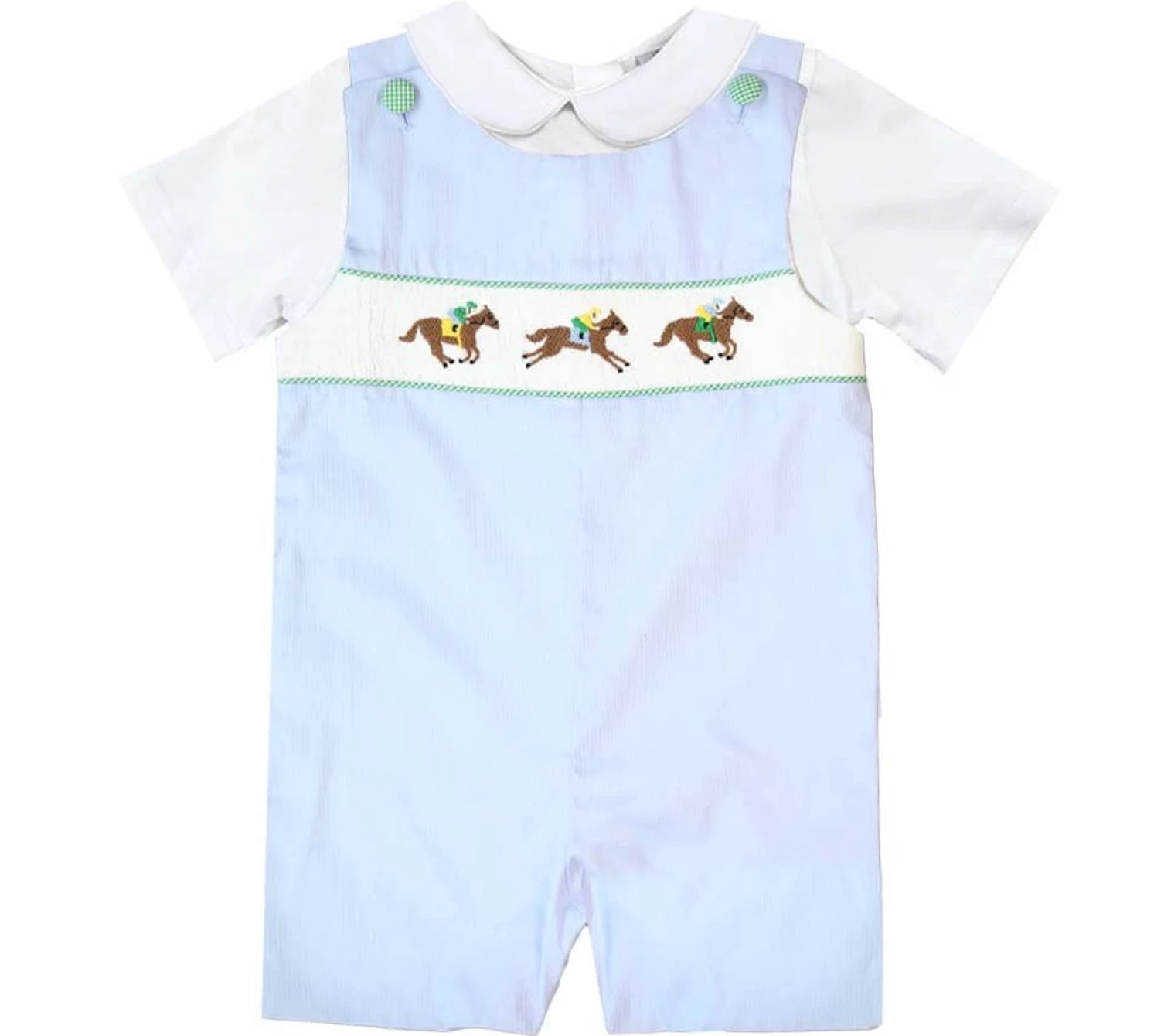 Blue and white horse romper with white collared undershirt 
